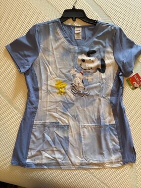 Peanuts Light Blue Snoopy & Woodstock Short Sleeve Scrub Top NWT M